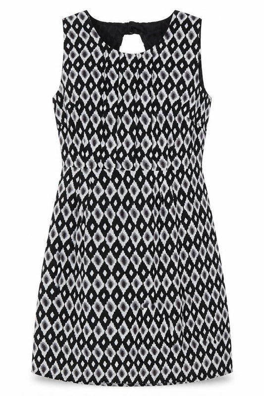 Front view of Sugarhill Boutique women’s black geometric polyester a-line, size XL, round neck zip