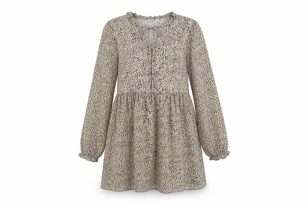 Front view of SHEIN women’s beige animal print polyester fit & flare, size S, v-neck drawstring - leopard pattern