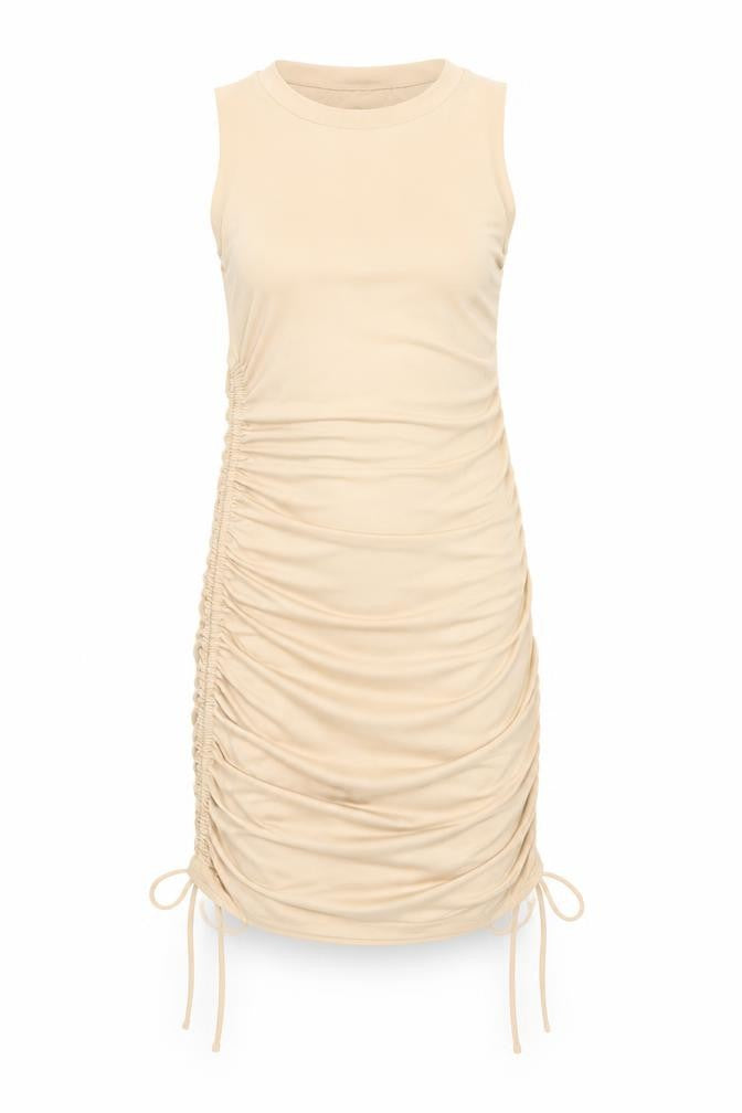 Front view of Superdown women’s beige polyester bodycon size 2xs round neck drawstring