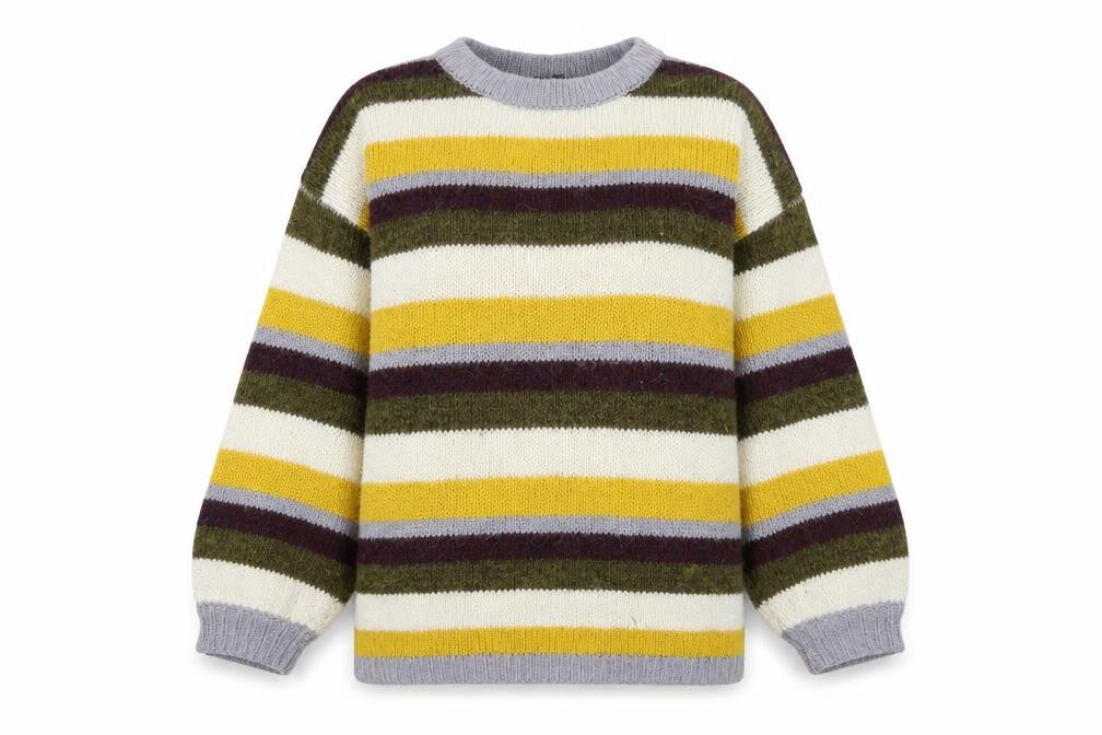 Front view of Topshop women’s multicoloured roll neck striped acrylic jumper, size UK 8