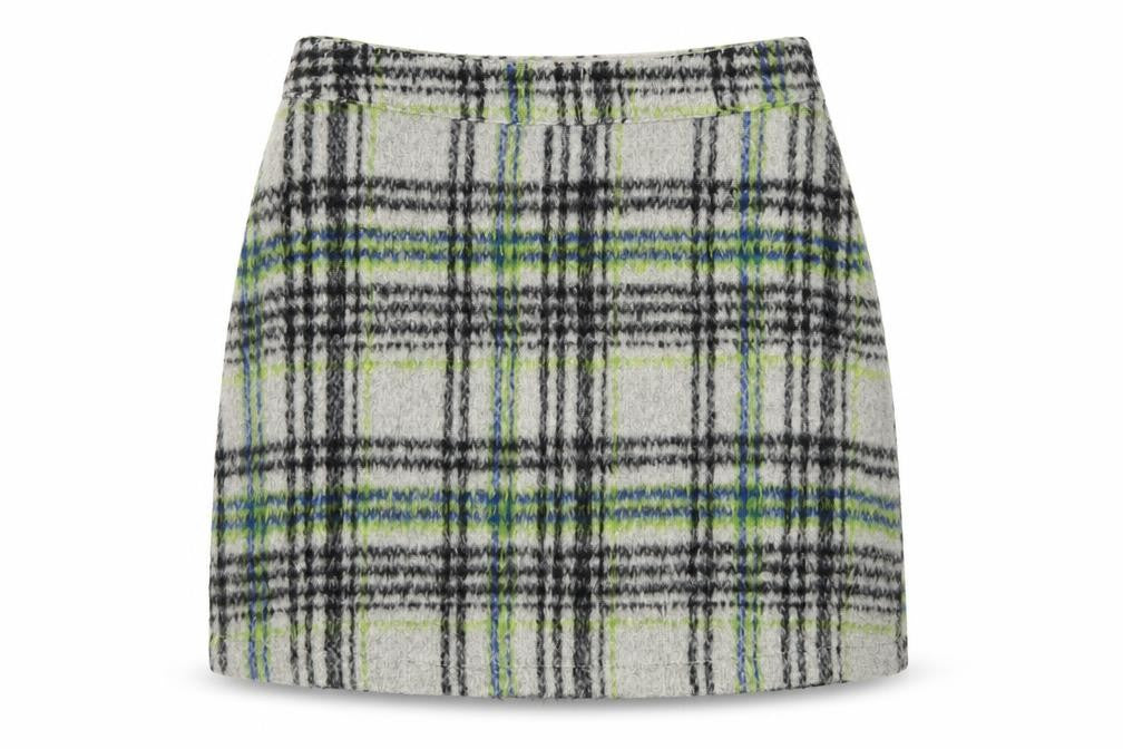 Front view of Primark women’s grey plaid polyester mini skirt, size UK 4, zip