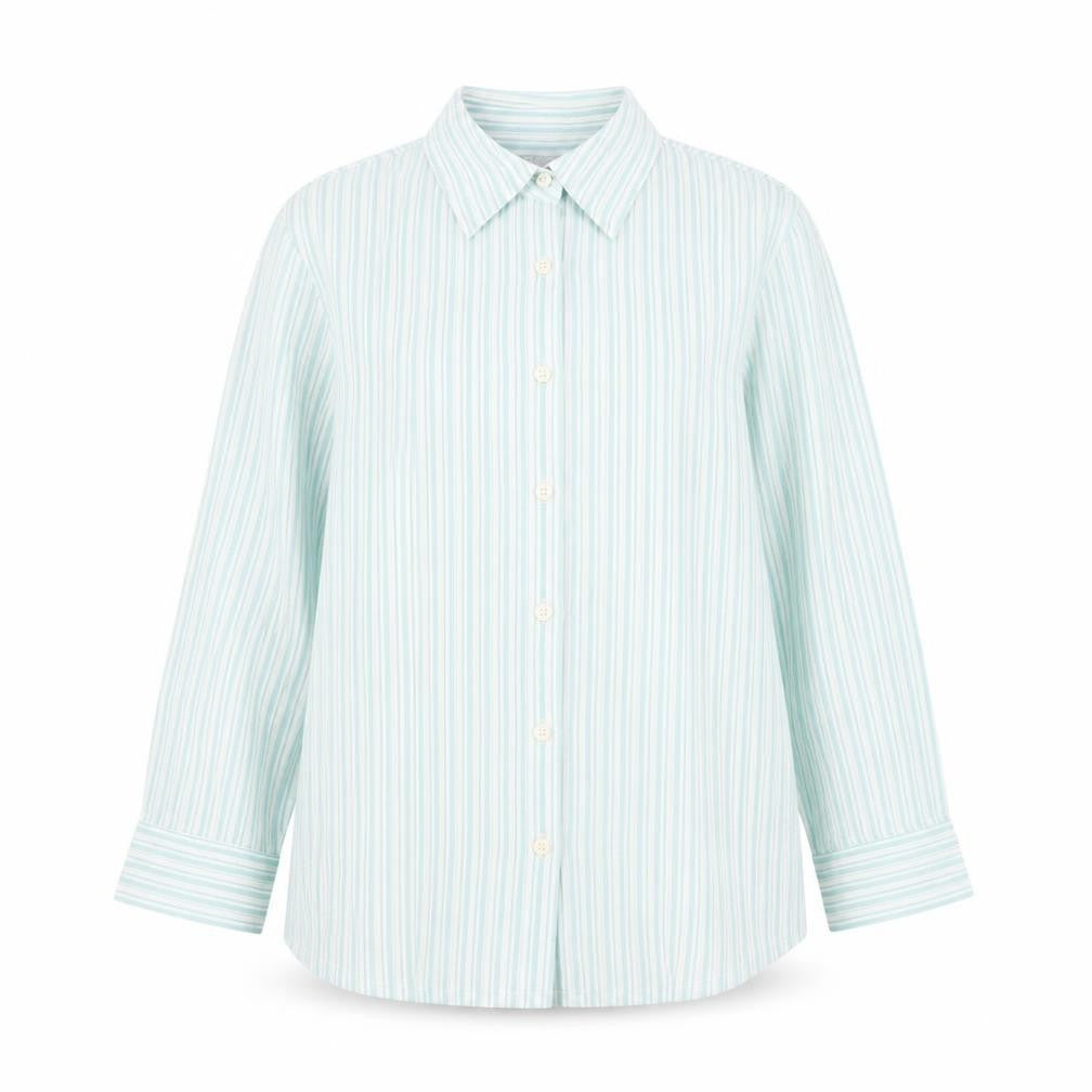 Front view of SOLUTIONS women’s blue striped viscose basic button-up, size UK 14, v-neck