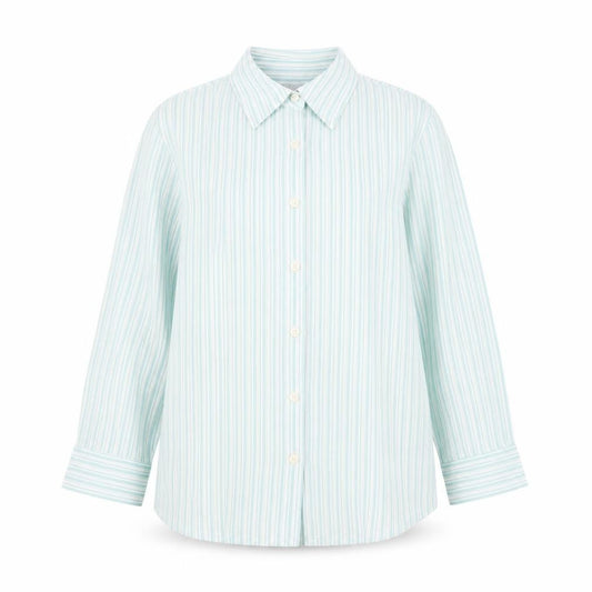 Front view of SOLUTIONS women’s blue striped viscose basic button-up, size UK 14, v-neck