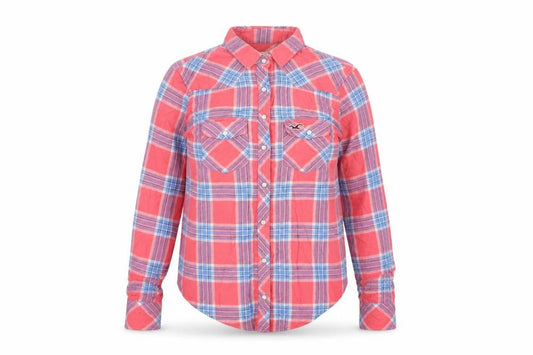 Front view of Hollister women’s pink plaid cotton basic button-up, size XS, collared
