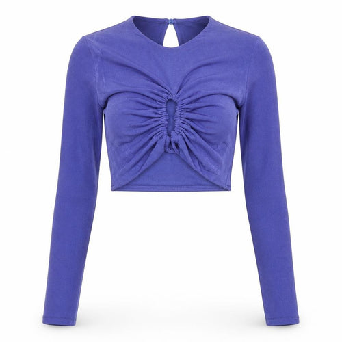 Bershka Womens Blue Polyester Cropped Blouse Size S Scoop Neck - Cut Out Front Detail