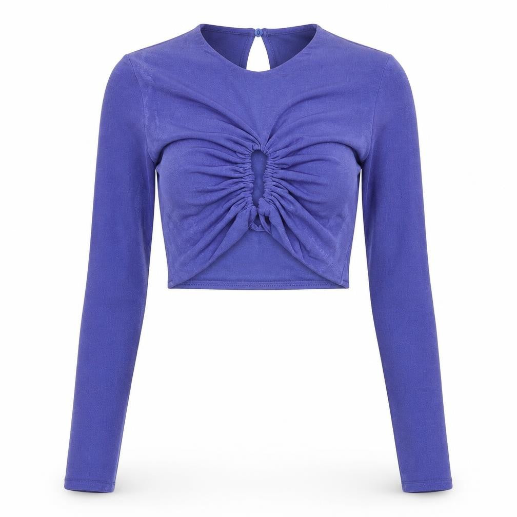 Bershka Womens Blue Polyester Cropped Blouse Size S Scoop Neck - Cut Out Front Detail
