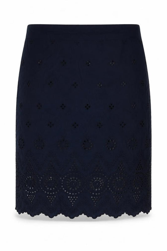 Front view of Preworn women’s blue geometric polyester straight & pencil skirt, size UK 36, in zip