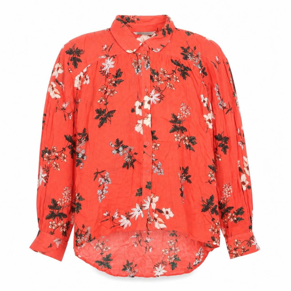 Front view of Marks & Spencer women’s red geometric viscose basic button-up, size UK 14, v-neck