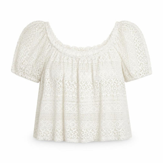 Front view of Forever 21 women’s white geometric cotton basic blouse, size M, square neck - bardot