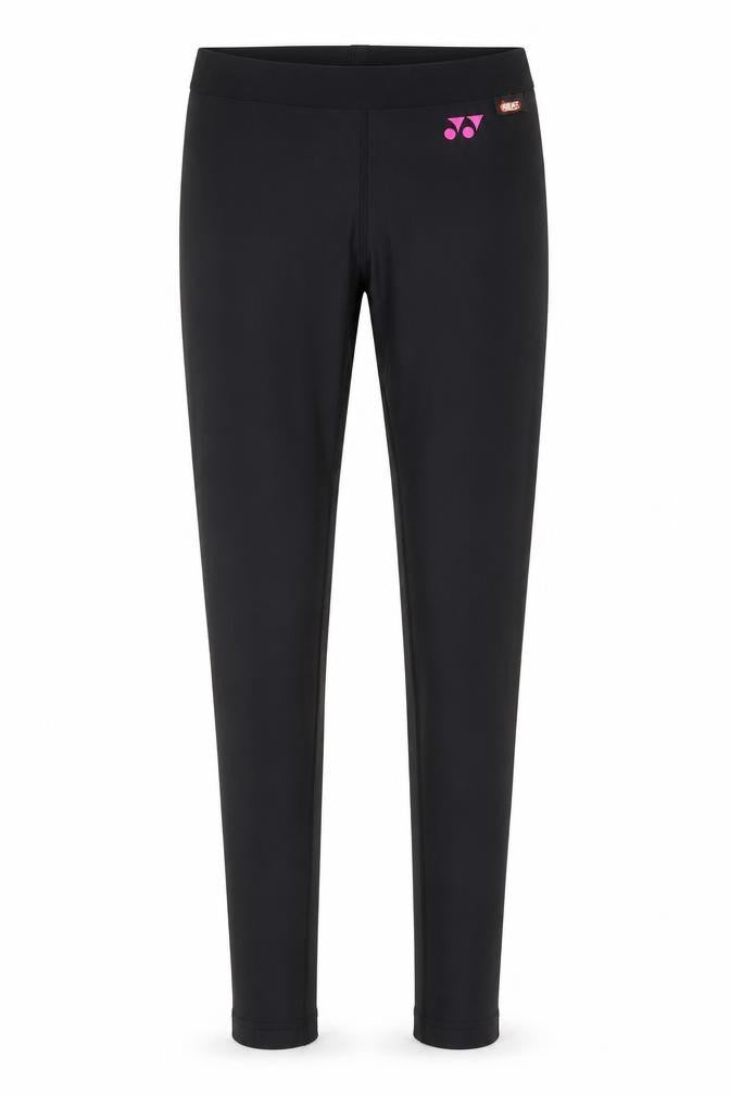 Front view of YONEX women’s black polyester compression leggings, size UK 24, in regular pullover