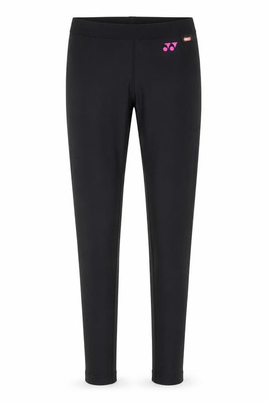 Front view of YONEX women’s black polyester compression leggings, size UK 24, in regular pullover