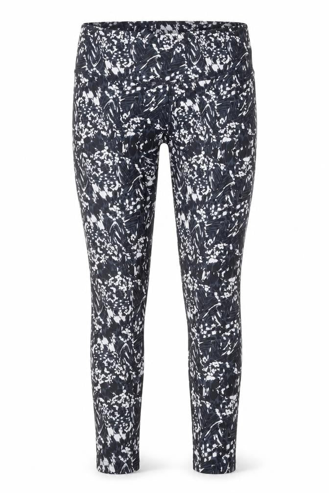 Front view of Preworn women’s black geometric polyester compression leggings, size UK 29, in regular pullover