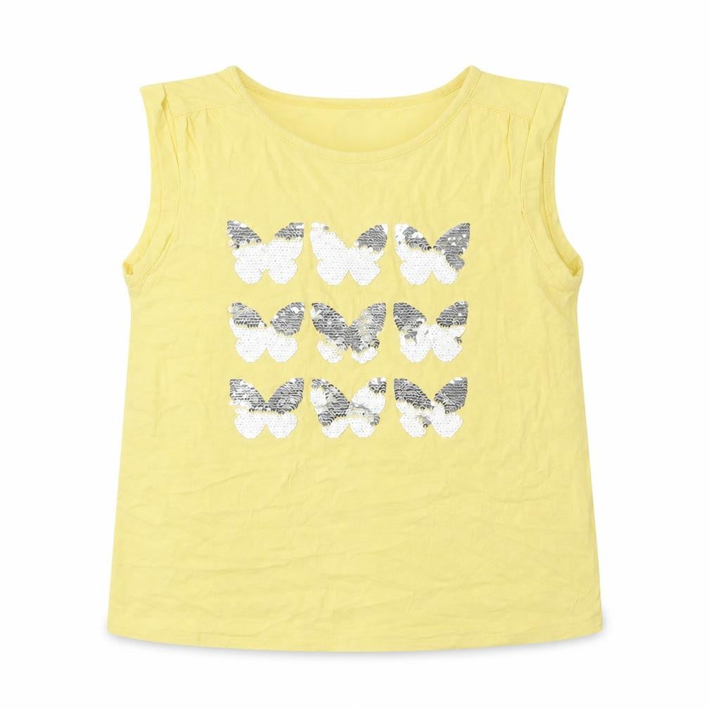 Front view of Gap girls’ yellow 100% cotton basic tank, size 10-11, years round neck pullover - butterfly