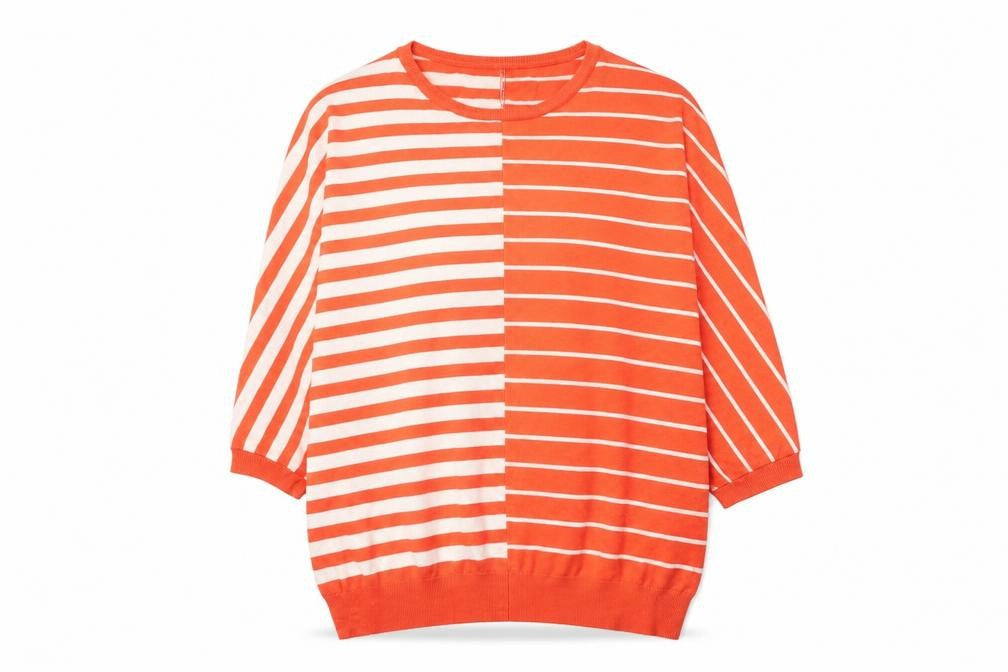 Front view of Text women’s orange round neck striped viscose jumper, size XL