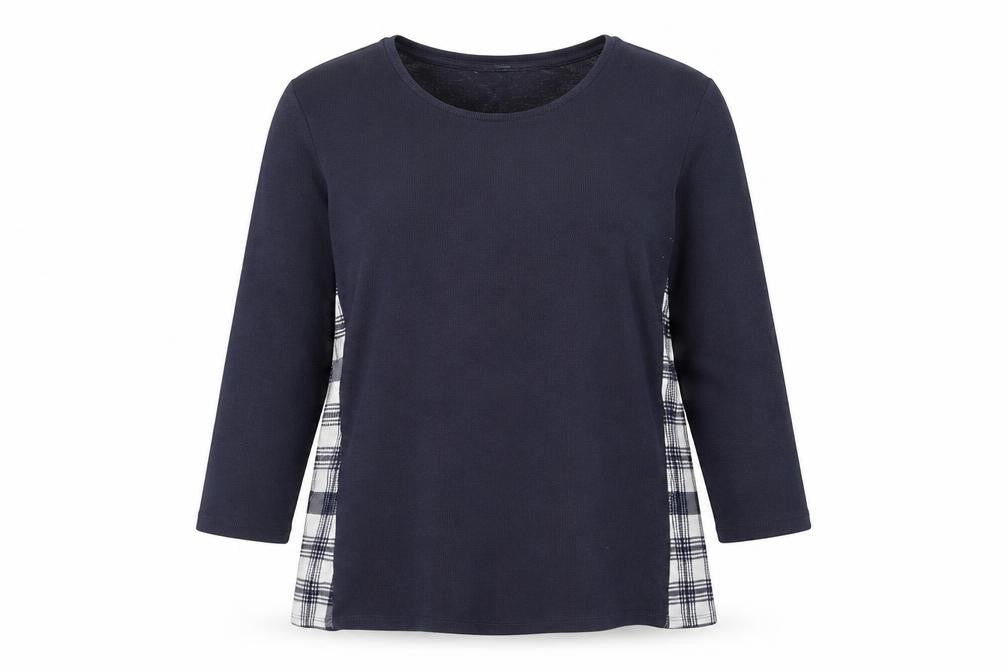 Front view of Tu women’s blue round neck plaid polyester jumper, size UK 16
