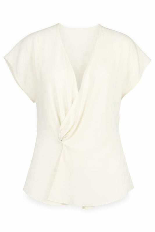 Front view of Marks & Spencer women’s white polyester basic blouse, size UK 10, v-neck - twist detail