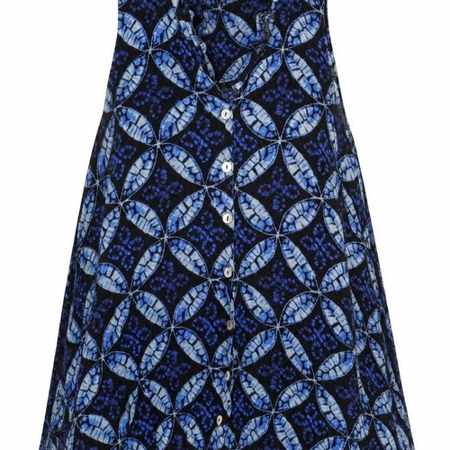Preworn Womens Blue Geometric Rayon Trapeze & Swing Size S V-Neck Button