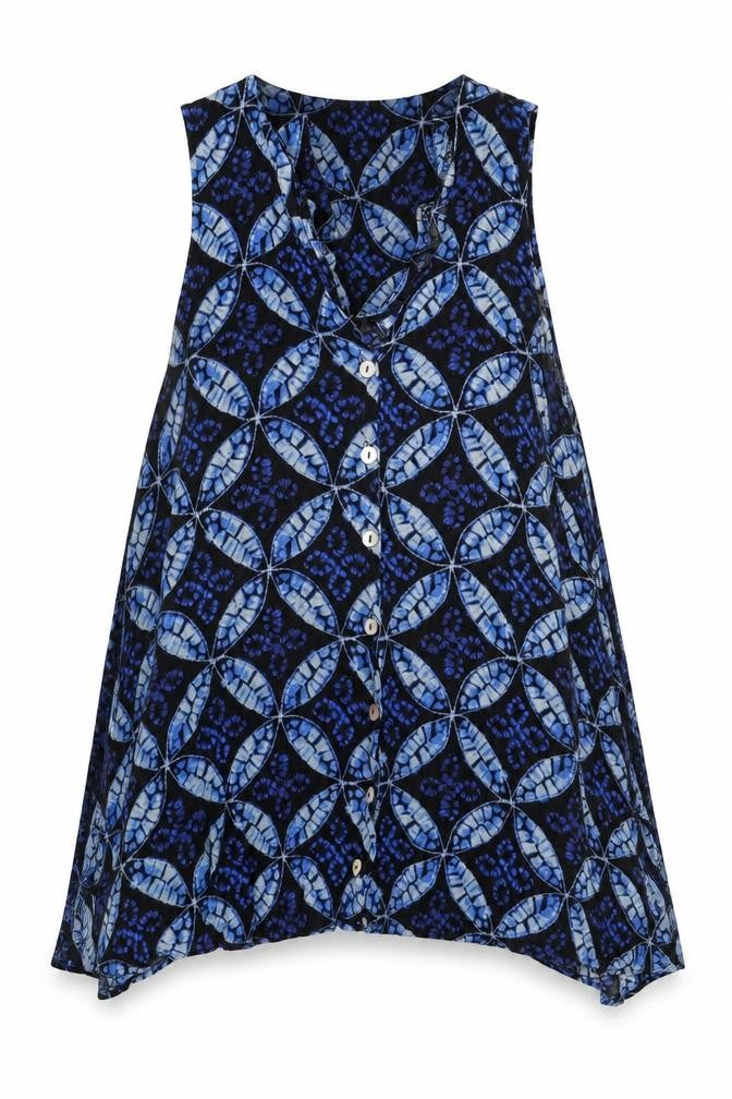 Preworn Womens Blue Geometric Rayon Trapeze & Swing Size S V-Neck Button
