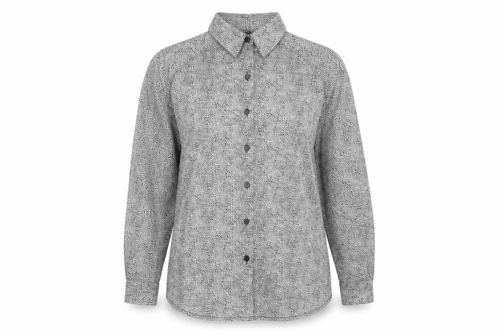 Front view of Basler women’s grey geometric polyester basic button-up, size UK 44, v-neck