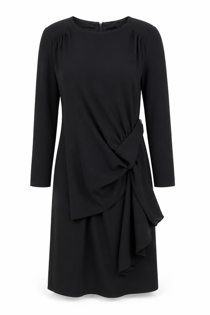 Front view of women’s black polyester a-line, size M, round neck zip