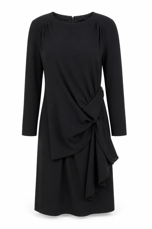 Front view of women’s black polyester a-line, size M, round neck zip