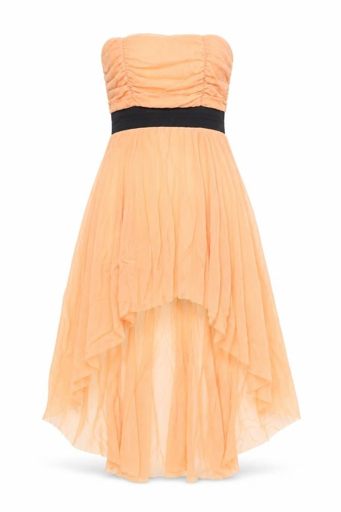Front view of ISL Barcelona women’s orange polyester ball gown, size S, off the shoulder pullover