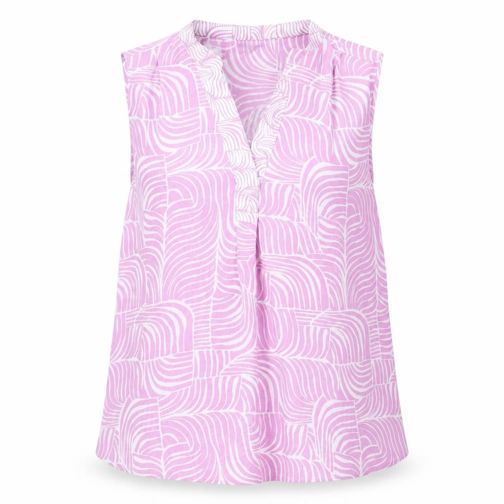Front view of Marks & Spencer women’s pink geometric polyester basic blouse, size UK 6, v-neck