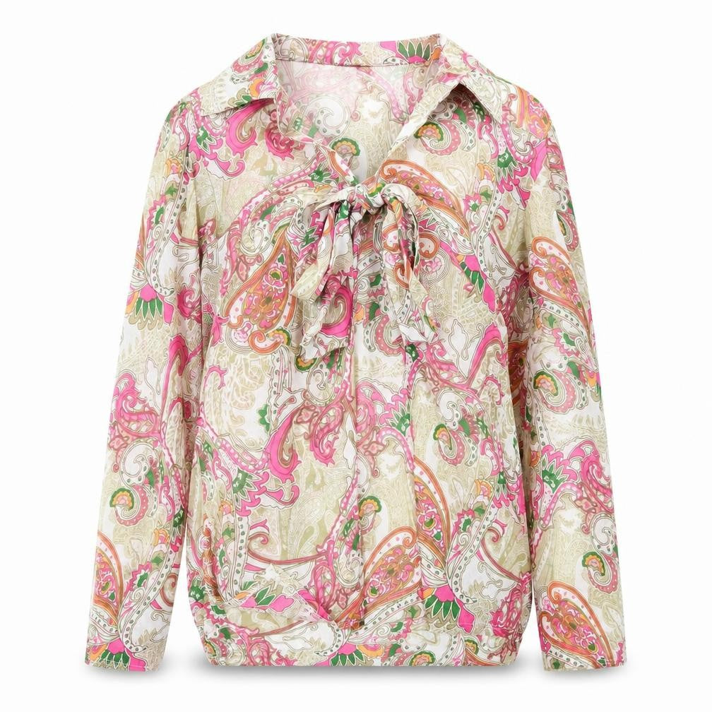 Front view of Attitudes women’s pink paisley polyester basic blouse, size L, v-neck