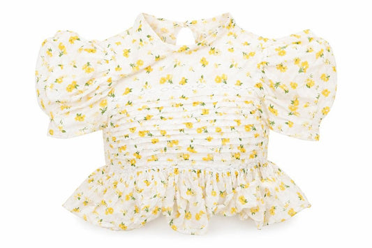 Front view of ASOS women’s white floral 100% cotton cropped blouse, size UK 10, round neck