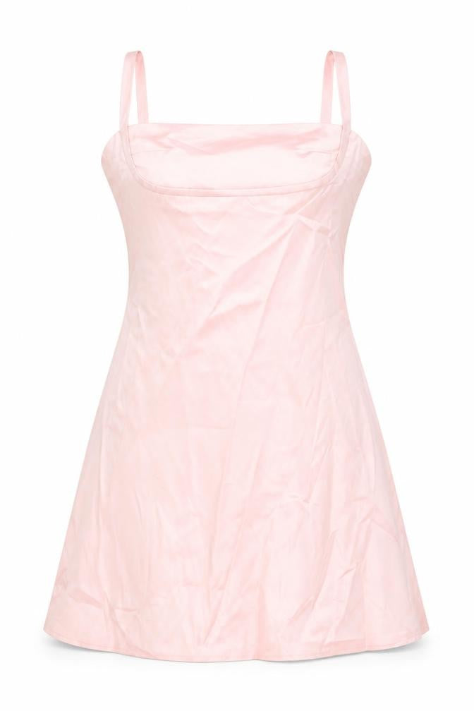 Front view of women’s pink polyester a-line, size L, square neck zip