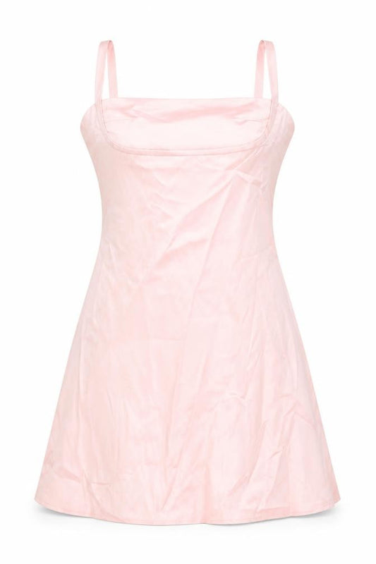 Front view of women’s pink polyester a-line, size L, square neck zip
