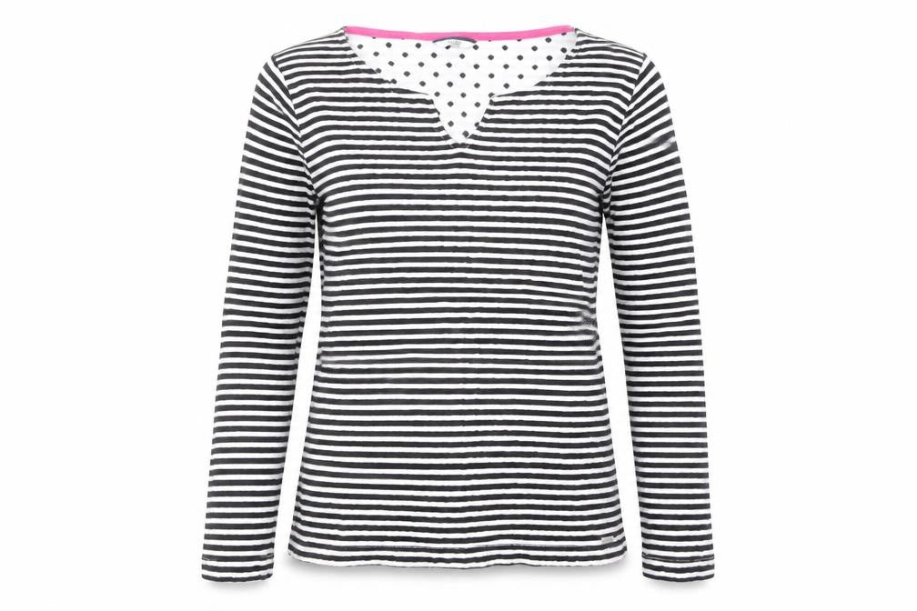Front view of Dash women’s black striped cotton basic blouse, size UK 10, v-neck