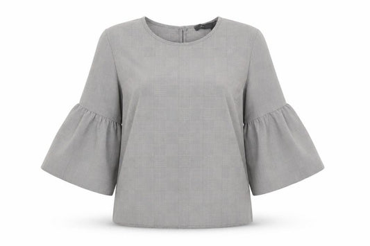 Front view of Primark women’s grey plaid polyester basic blouse, size UK 10, round neck
