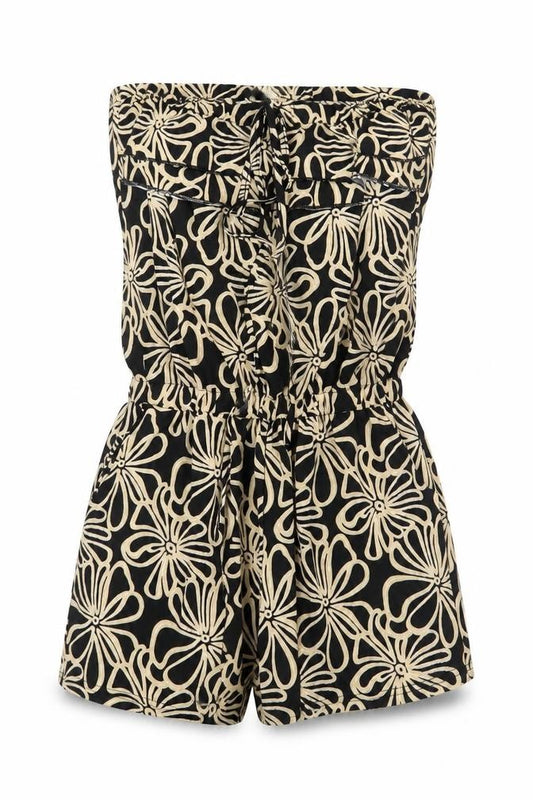 Front view of Dodo women’s black floral polyester playsuit one-piece, size S, tie