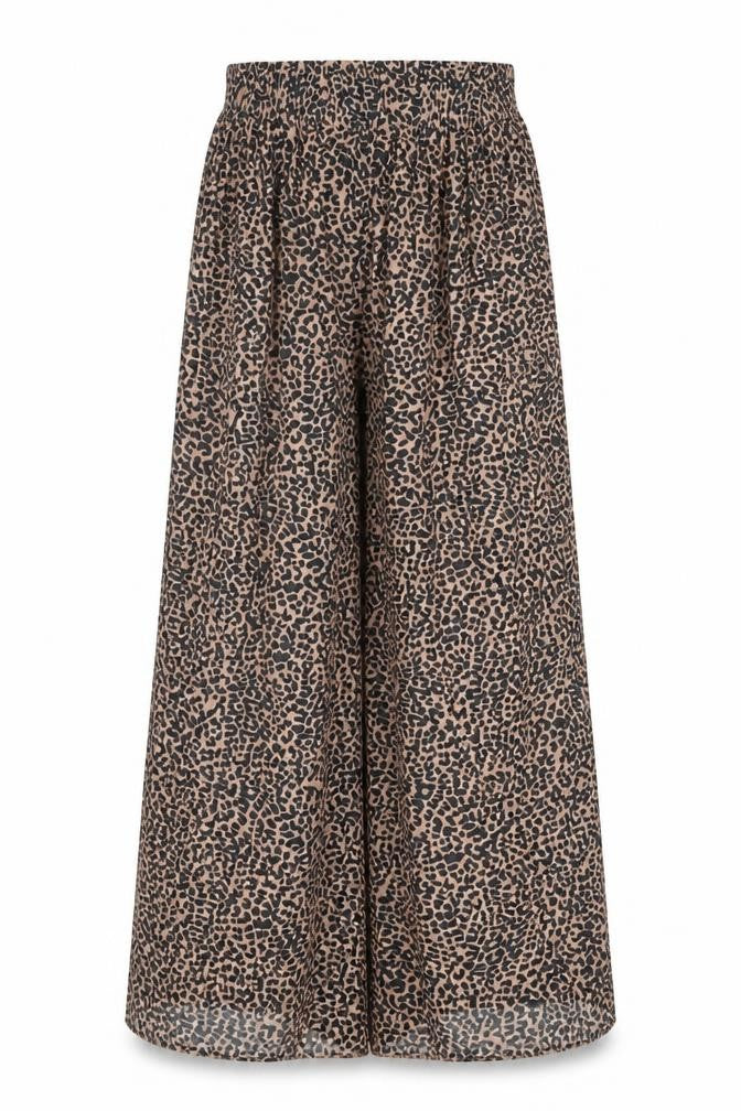 Front view of Very women’s beige animal print polyester trousers, size UK 8, regular