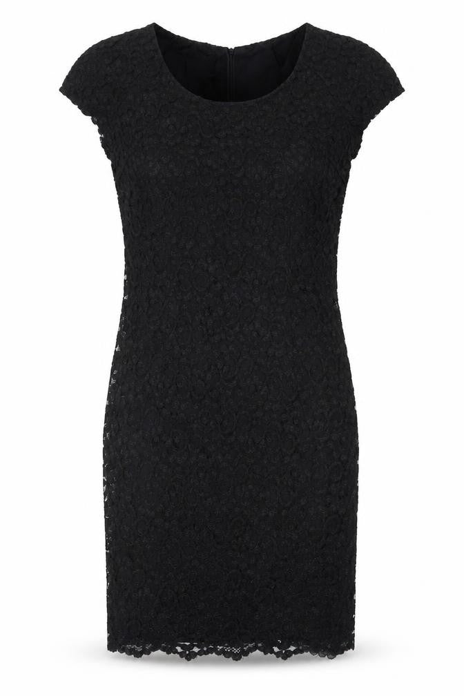 Front view of MJW Studio women’s black polyester bodycon, size UK 8, boat neck zip