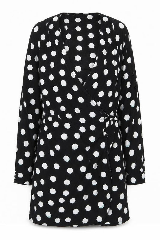 Front view of Topshop women’s black polka dot viscose wrap dress, size UK 8, v-neck tie