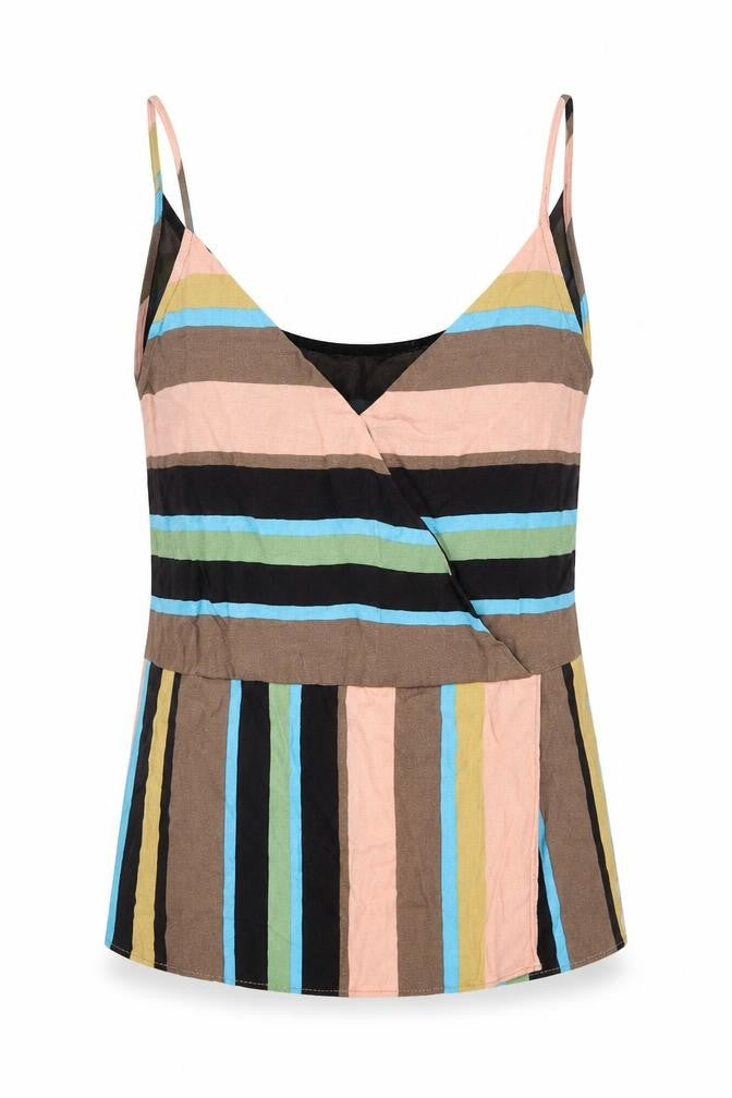 Front view of Zara women’s multicoloured striped polyester camisole tank, size S, v-neck
