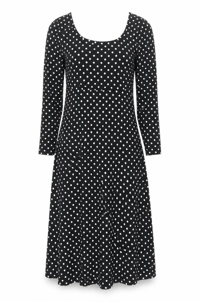 Front view of New Look women’s black polka dot viscose a-line, size UK 8, scoop neck pullover
