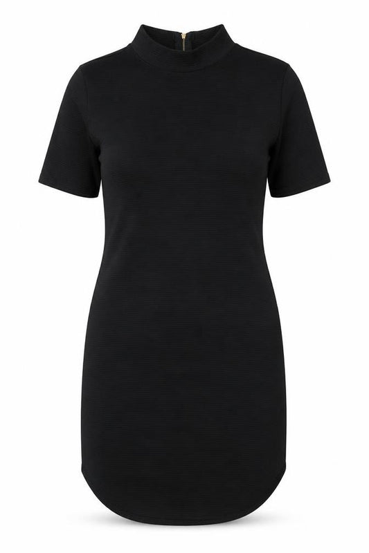 Front view of Boohoo women’s black polyester shift, size UK 10, mock neck zip