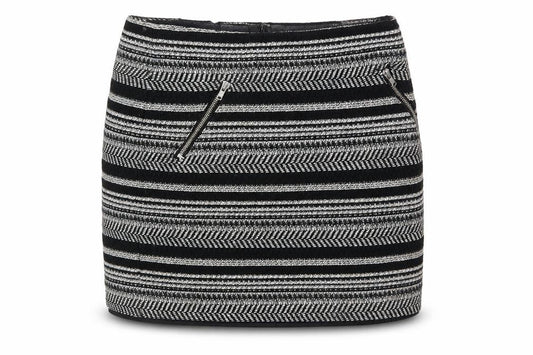 Front view of H&M women’s black striped cotton bandage skirt, size UK 10, zip