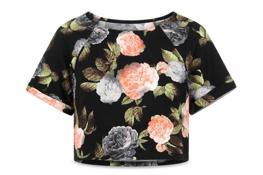Front view of Boohoo women’s black floral polyester cropped t-shirt, size UK 10, boat neck
