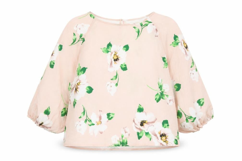 Front view of Boohoo women’s pink floral polyester basic blouse, size UK 10, round neck