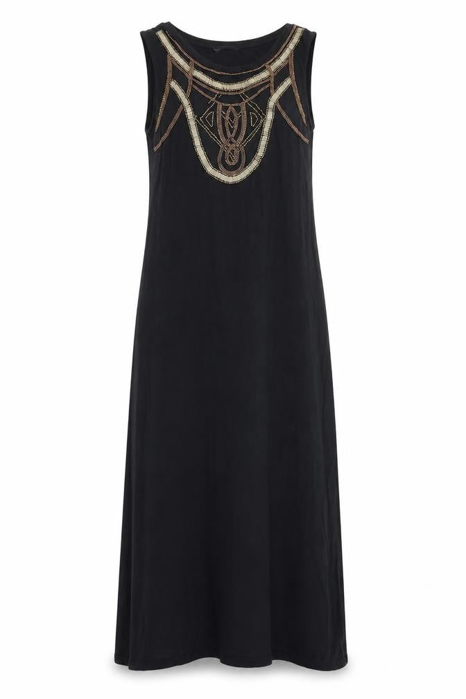 Front view of Marks & Spencer women’s black viscose maxi, size UK 10, boat neck pullover