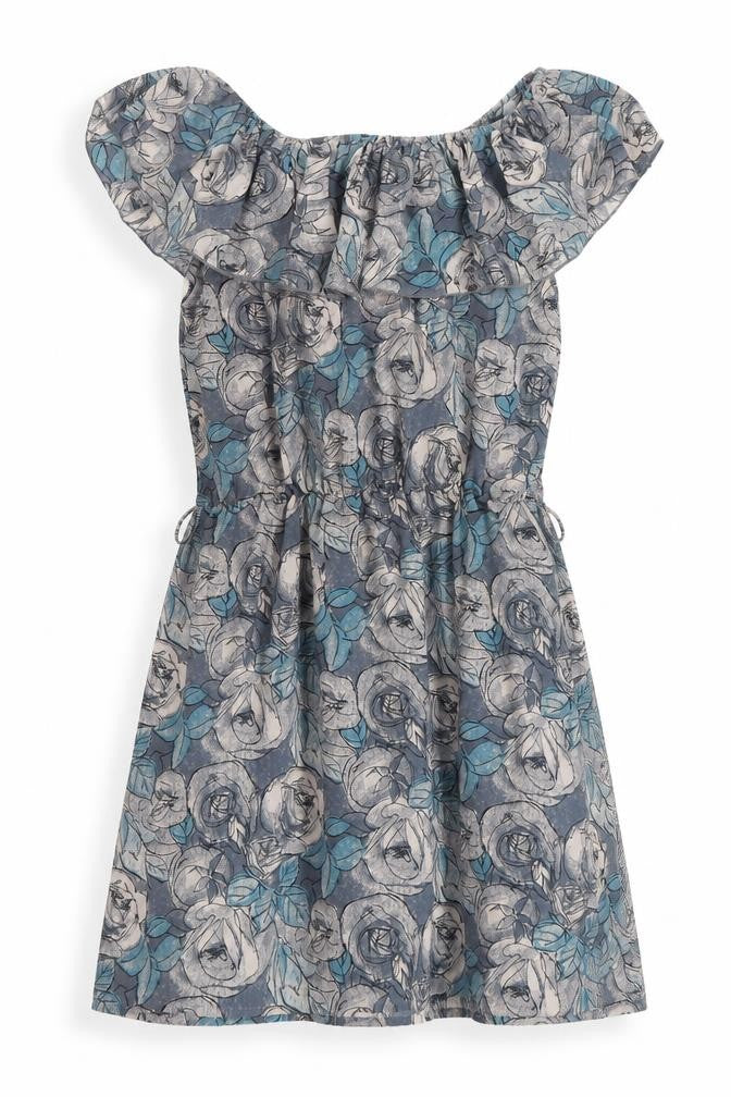 Front view of Lushous women’s blue geometric polyester a-line, size UK 10, off the shoulder pullover