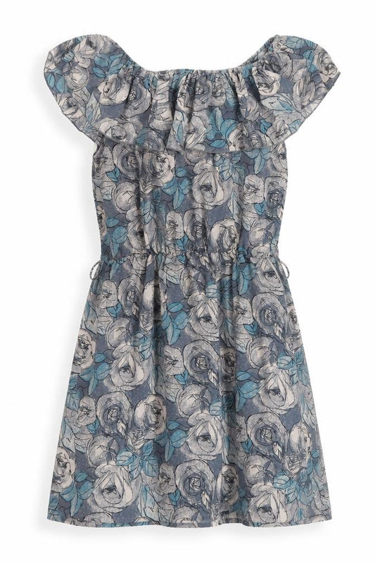 Front view of Lushous women’s blue geometric polyester a-line, size UK 10, off the shoulder pullover