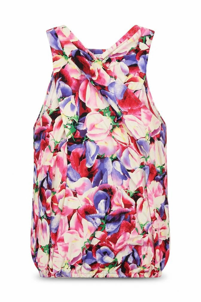 Front view of Definitions women’s multicoloured geometric viscose basic tank, size UK 10, v-neck