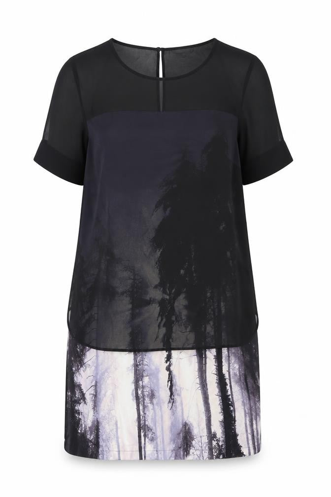 Front view of Juniper women’s black geometric polyester shift, size UK 12, scoop neck button - chiffon overlay forrest print