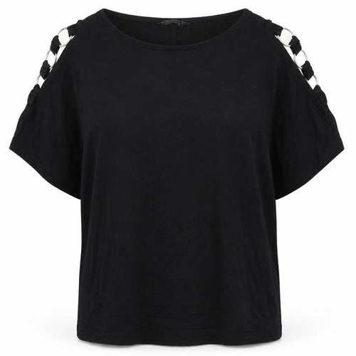 Select Womens Black Viscose Basic T-Shirt Size 6 Round Neck - Chain Detail, Cold Shoulders