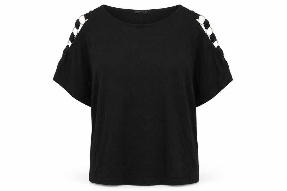Select Womens Black Viscose Basic T-Shirt Size 6 Round Neck - Chain Detail, Cold Shoulders
